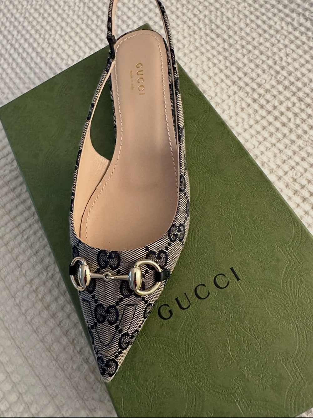 Gucci Navy/Beige GG Canvas Horsebit Slingback Flats - Picture 3 of 5